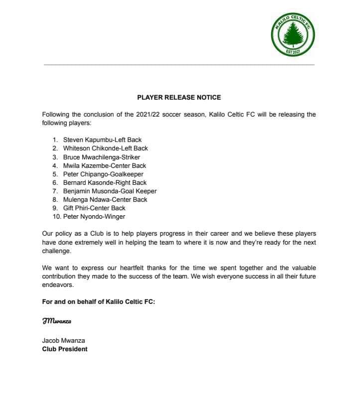 Kalilo Celtic has released 10 players ahead of their preparation for next season Lusaka division one